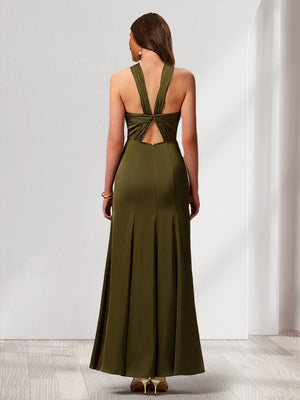 Sheath/Column Criss Cross Sleeveless Ankle-Length Ruched Bridesmaid Dresses with Split Side