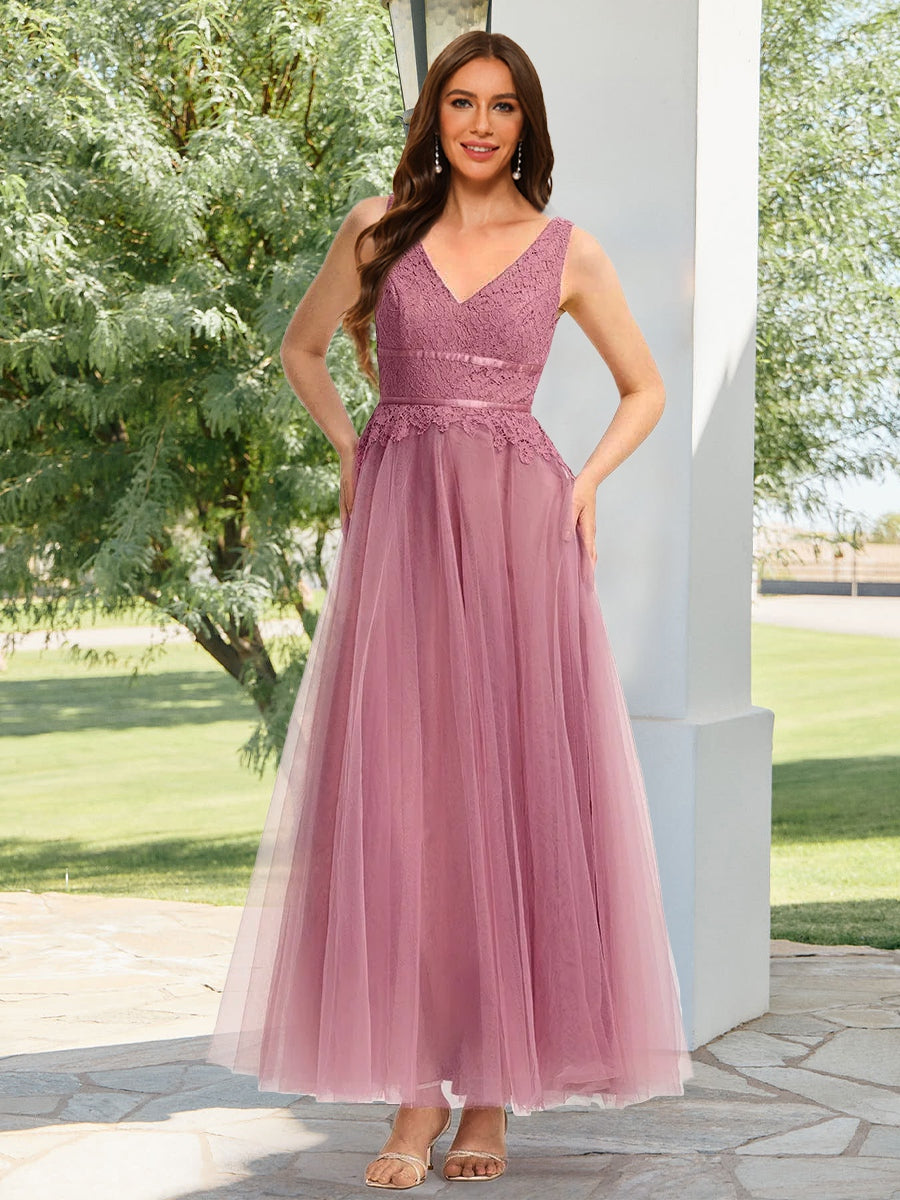 Lavetir A-Line/Princess V-Neck Sleeveless Ankle-Length Wedding Guest Dresses With Lace Applique 2026