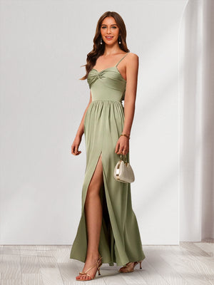 A-Line/Princess Spaghetti Straps Sleeveless Floor-Length Ruched Bridesmaid Dresses with Split Side