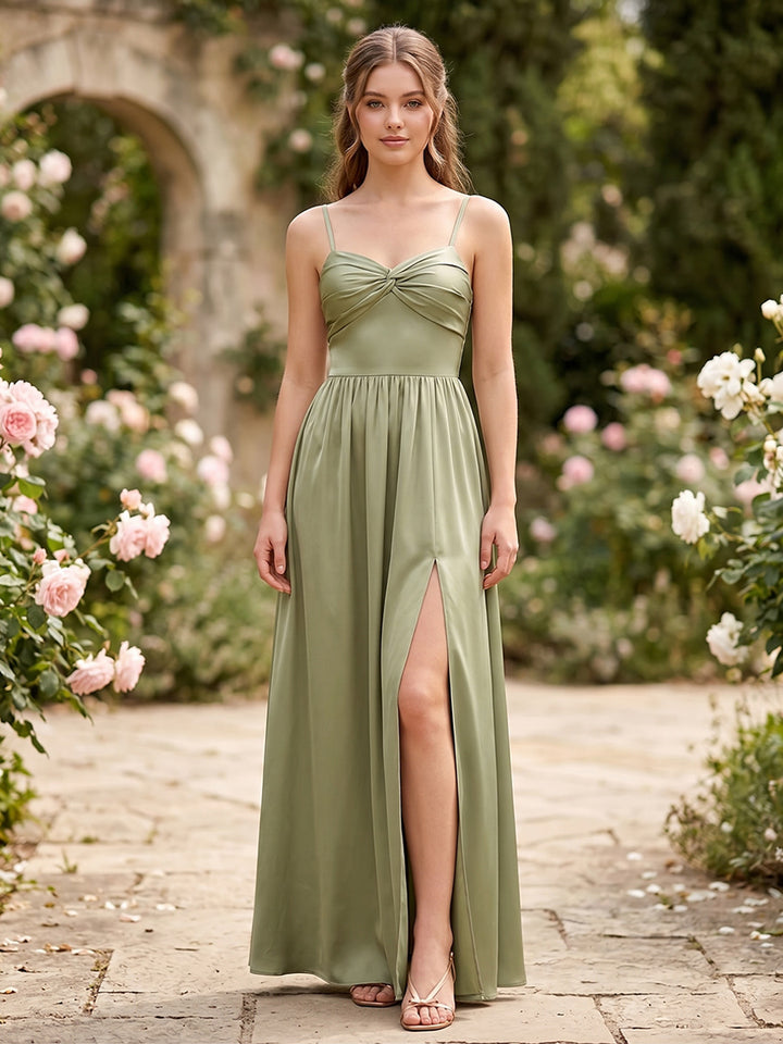 A-Line/Princess Spaghetti Straps Sleeveless Floor-Length Ruched Bridesmaid Dresses with Split Side