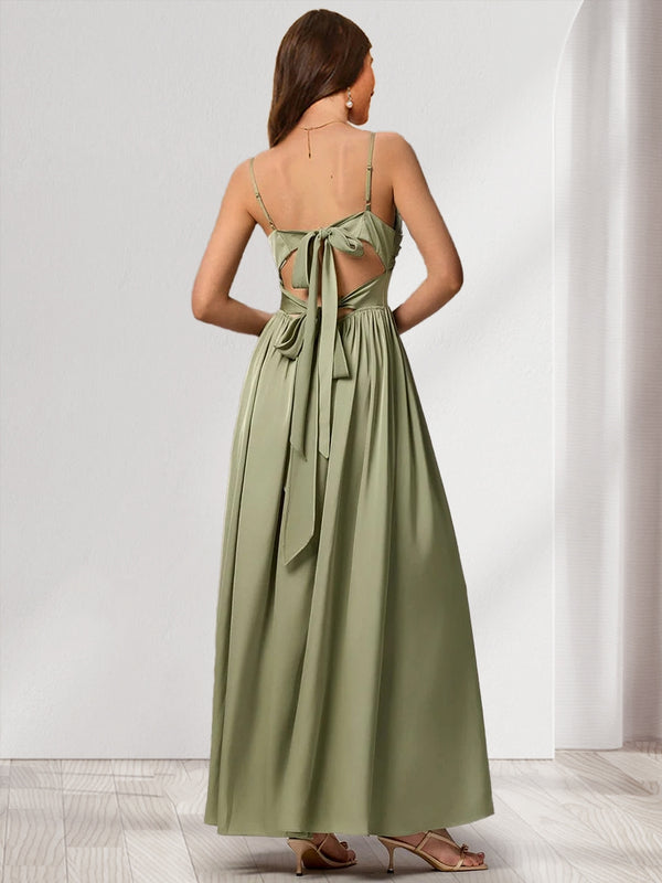 A-Line/Princess Spaghetti Straps Sleeveless Floor-Length Ruched Bridesmaid Dresses with Split Side