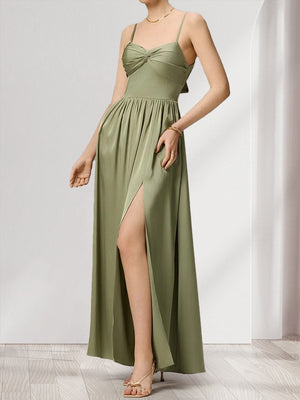 A-Line/Princess Spaghetti Straps Sleeveless Floor-Length Ruched Bridesmaid Dresses with Split Side