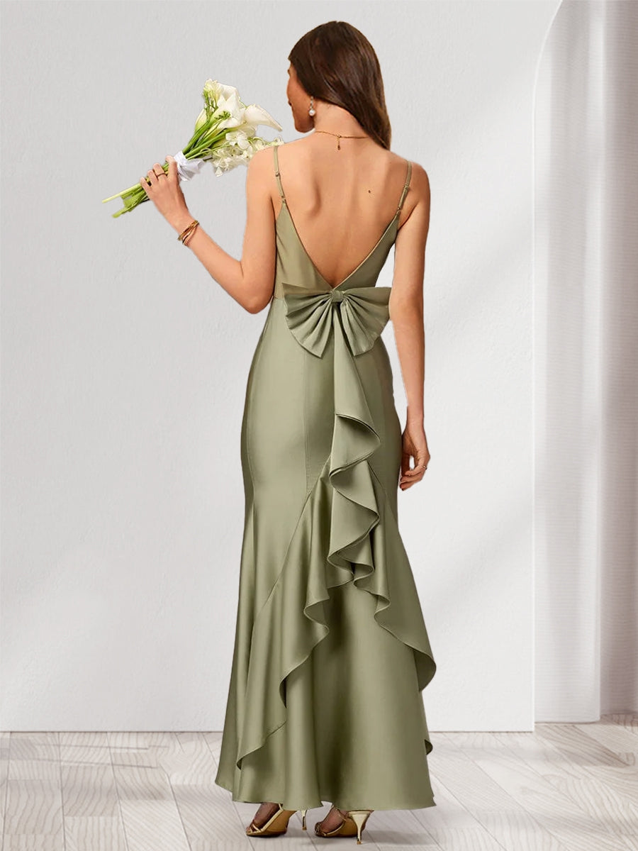 Trumpet/Mermaid Spaghetti Straps Sleeveless Floor-Length Bridesmaid Dresses with Bowknot &amp; Ruffles