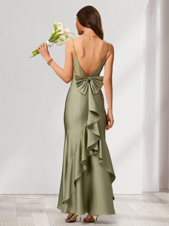 Trumpet/Mermaid Spaghetti Straps Sleeveless Floor-Length Bridesmaid Dresses with Bowknot &amp; Ruffles