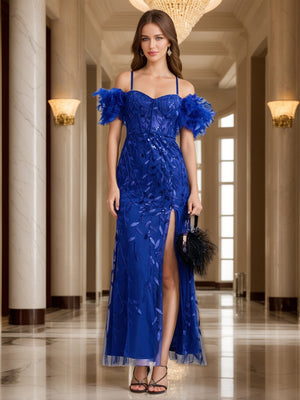 Sheath/Column Off-the-Shoulder Spaghetti Straps Long Formal Evening Dresses with Feather & Applique