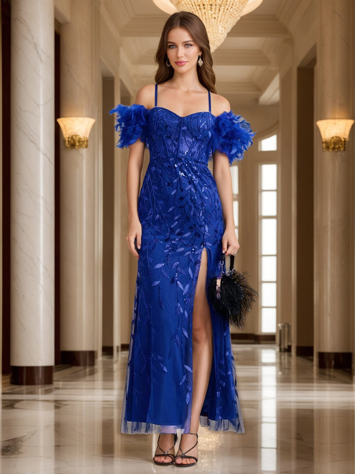 Sheath/Column Off-the-Shoulder Spaghetti Straps Long Formal Evening Dresses with Feather &amp; Applique