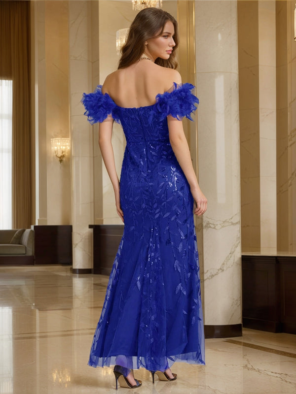Sheath/Column Off-the-Shoulder Spaghetti Straps Long Formal Evening Dresses with Feather & Applique