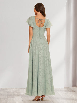 A-Line/Princess Square Neck Short Ruffle Sleeves Floral Bridesmaid Dresses with Split Side