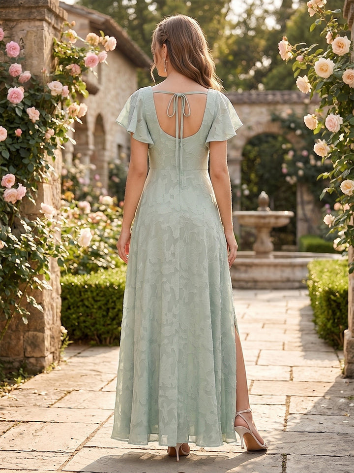 A-Line/Princess Square Neck Short Ruffle Sleeves Floral Bridesmaid Dresses with Split Side