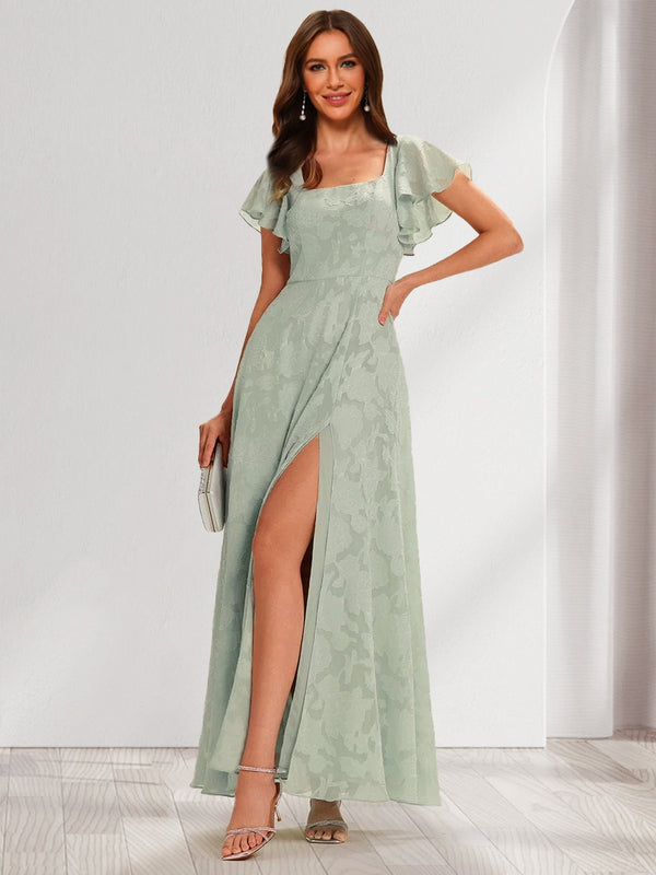 A-Line/Princess Square Neck Short Ruffle Sleeves Floral Bridesmaid Dresses with Split Side