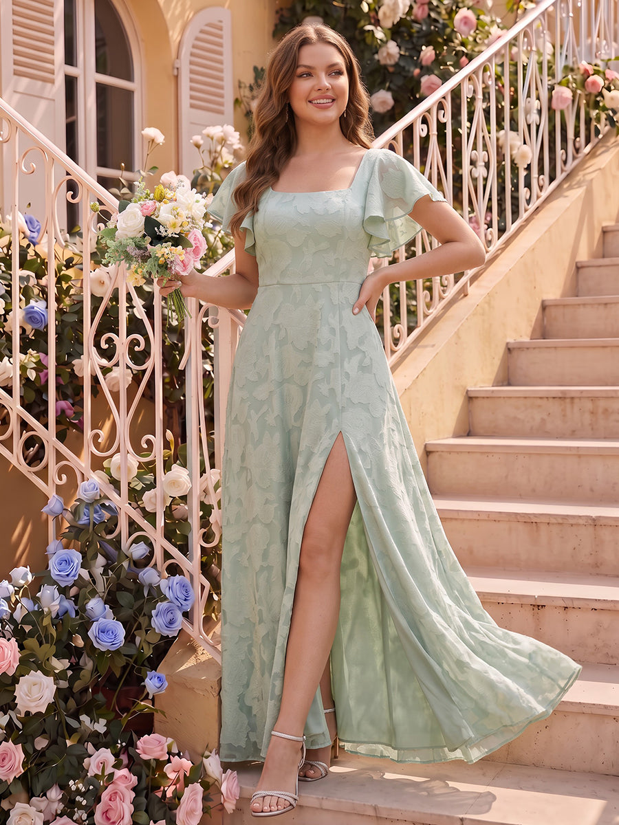 A-Line/Princess Square Neck Short Sleeves Chiffon Floor-Length Plus Size Bridesmaid Dresses with Split Side &amp; Floral