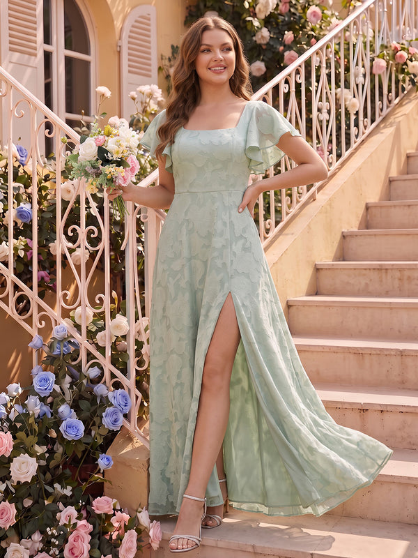 A-Line/Princess Square Neck Short Sleeves Chiffon Floor-Length Plus Size Bridesmaid Dresses with Split Side & Floral