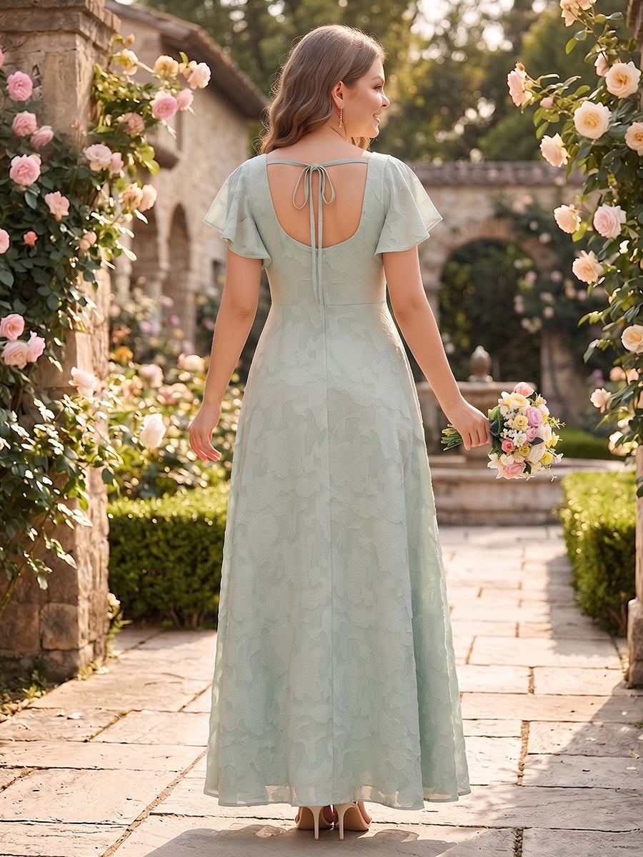 A-Line/Princess Square Neck Short Sleeves Chiffon Floor-Length Plus Size Bridesmaid Dresses with Split Side &amp; Floral