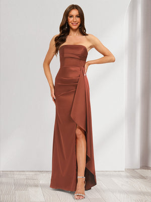 Trumpet/Mermaid Strapless Floor-Length Ruched Bridesmaid Dresses with Split Side