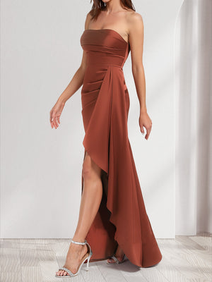 Trumpet/Mermaid Strapless Floor-Length Ruched Bridesmaid Dresses with Split Side