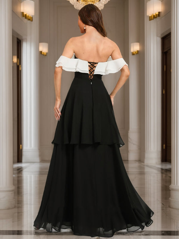 A-Line/Princess Off-the-Shoulder Floor-Length Chiffon Evening Dresses With Cascading Ruffles