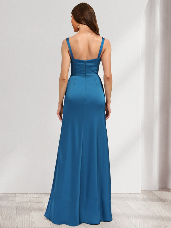 Satin A-Line/Princess V-Neck Sleeveless Floor-Length Ruched Bridesmaid Dresses With Split Side