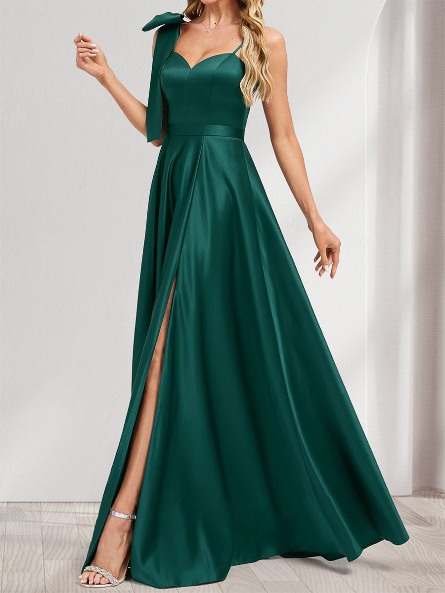 A-Line/Princess V-Neck Sleeveless Floor-Length Satin Bridesmaid Dresses With Split Side &amp; Bowknot