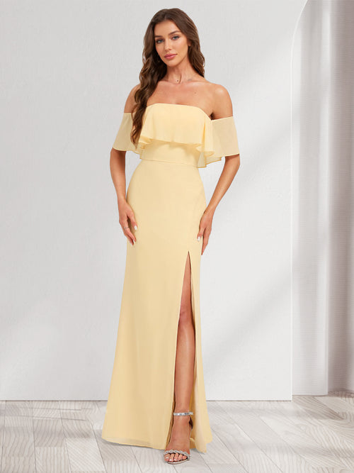 Chiffon Trumpet/Mermaid Off-the-Shoulder Floor-Length Bridesmaid Dress With Ruffles & Split Side