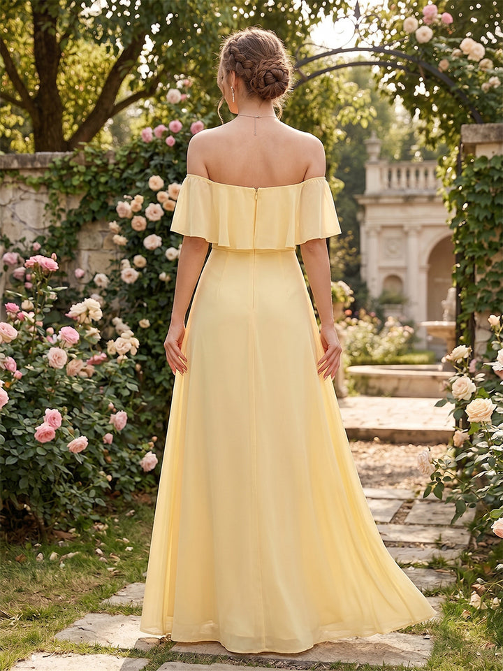 Chiffon Trumpet/Mermaid Off-the-Shoulder Floor-Length Bridesmaid Dress With Ruffles &amp; Split Side