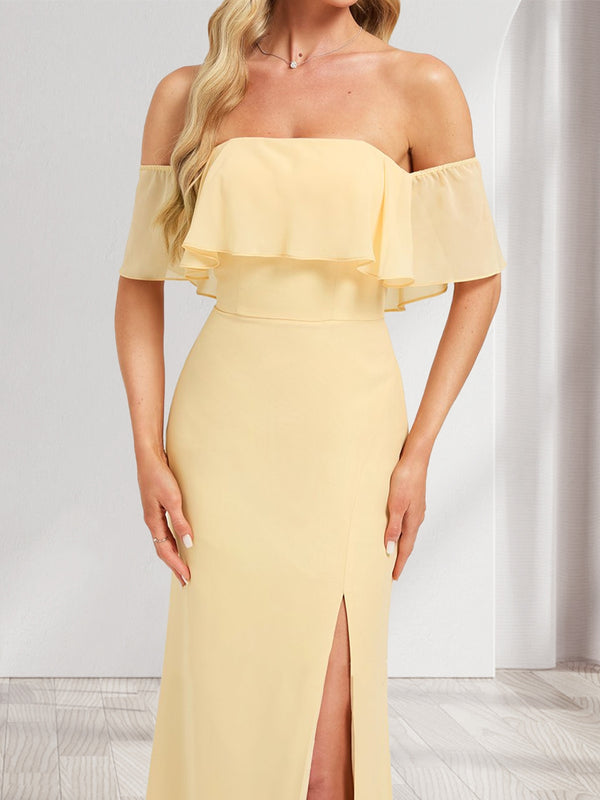 Chiffon Trumpet/Mermaid Off-the-Shoulder Floor-Length Bridesmaid Dress With Ruffles & Split Side