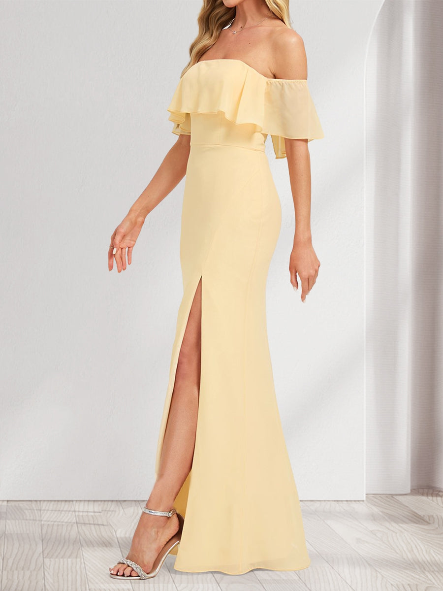 Chiffon Trumpet/Mermaid Off-the-Shoulder Floor-Length Bridesmaid Dress With Ruffles &amp; Split Side