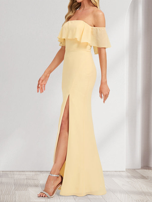 Chiffon Trumpet/Mermaid Off-the-Shoulder Floor-Length Bridesmaid Dress With Ruffles & Split Side