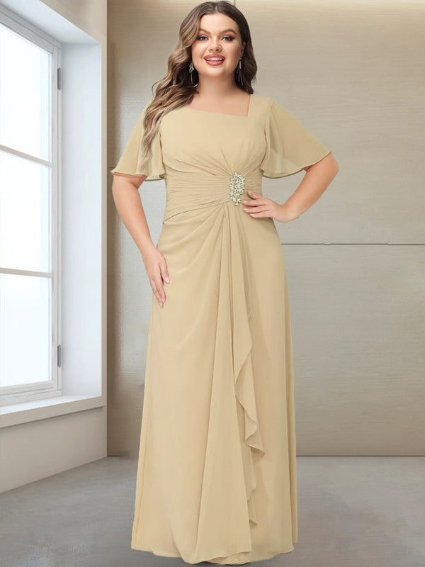 A-Line/Princess V-Neck Short Sleeves Plus Size Ruched Mother of the Bride Dresses with Ruffles