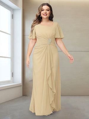 A-Line/Princess V-Neck Short Sleeves Plus Size Ruched Mother of the Bride Dresses with Ruffles