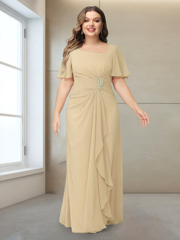 A-Line/Princess V-Neck Short Sleeves Plus Size Ruched Mother of the Bride Dresses with Ruffles