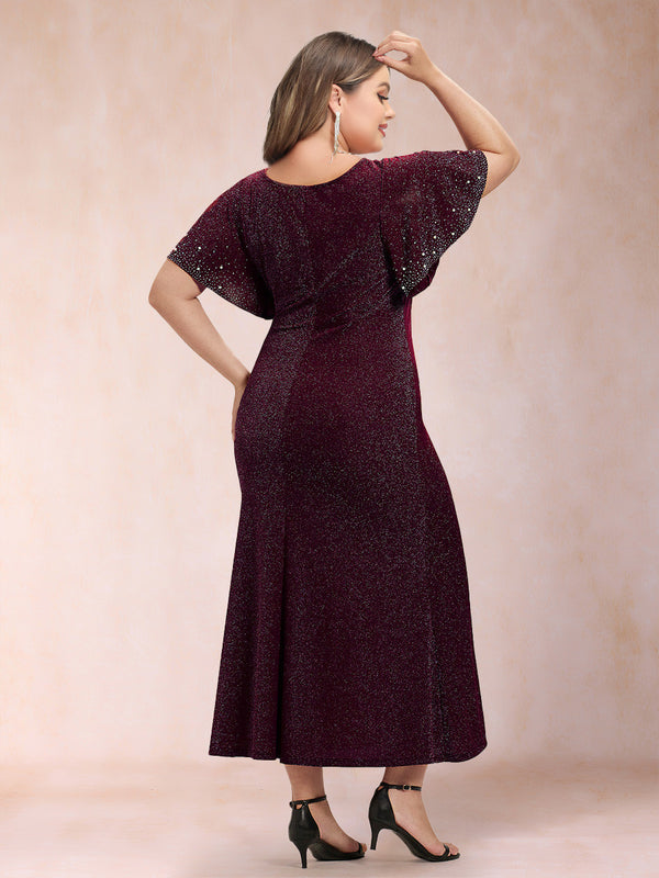 Trumpet/Mermaid Scoop Short Ruffles Sleeves Tea-Length Mother of the Bride Dresses with Sequins