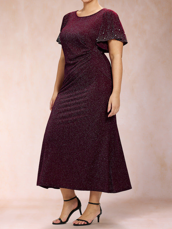 Trumpet/Mermaid Scoop Short Ruffles Sleeves Tea-Length Mother of the Bride Dresses with Sequins