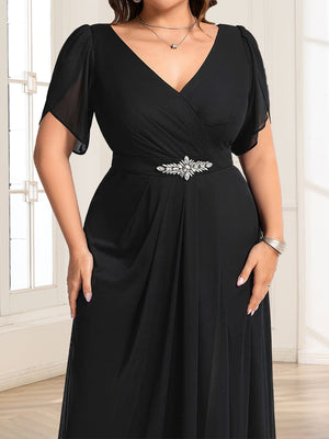 A-Line/Princess Short Sleeves V-Neck Plus Size Mother of the Bride Dresses With Sash
