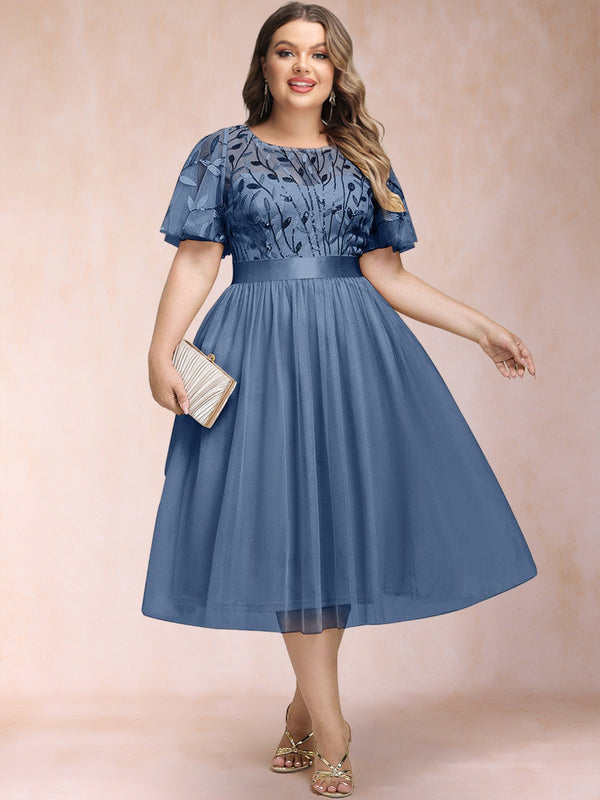 A-Line/Princess Scoop Short Ruffle Sleeves Tea-Length Mother of the Bride Dresses with Sequin Leaf
