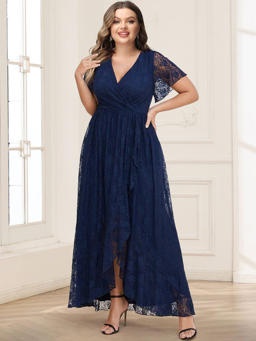 Lace A-Line/Princess Short Sleeves V-Neck Ruffled Plus Size Mother of the Bride Dresses With Split Side