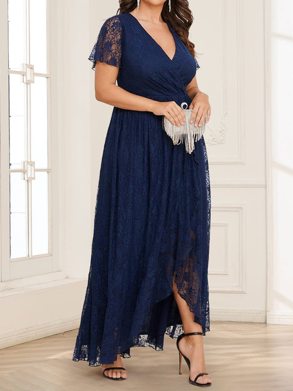 Lace A-Line/Princess Short Sleeves V-Neck Ruffled Plus Size Mother of the Bride Dresses With Split Side
