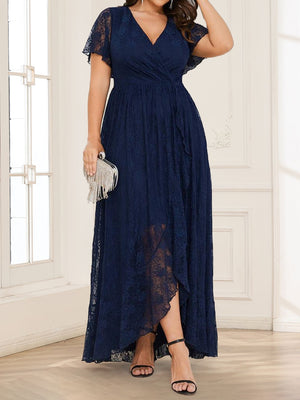 Lace A-Line/Princess Short Sleeves V-Neck Ruffled Plus Size Mother of the Bride Dresses With Split Side
