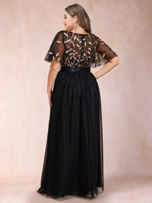 A-Line/Princess Scoop Short Sleeves Long Mother of the Bride Dresses with Sequin Leaf