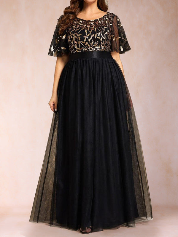 A-Line/Princess Scoop Short Sleeves Long Mother of the Bride Dresses with Sequin Leaf