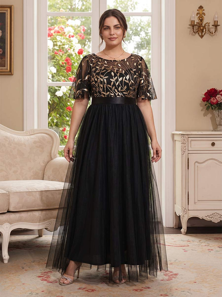 A-Line/Princess Scoop Short Sleeves Long Plus Size Mother of the Bride Dresses with Sequin Leaf