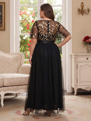 A-Line/Princess Scoop Short Sleeves Long Plus Size Mother of the Bride Dresses with Sequin Leaf