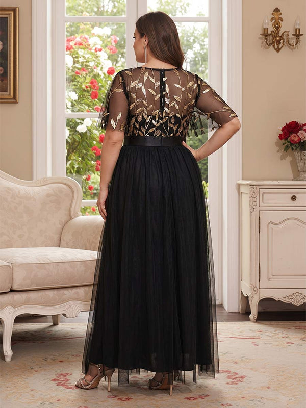 A-Line/Princess Scoop Short Sleeves Long Plus Size Mother of the Bride Dresses with Sequin Leaf