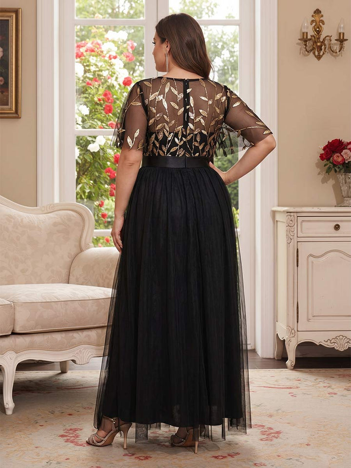 A-Line/Princess Scoop Short Sleeves Long Plus Size Mother of the Bride Dresses with Sequin Leaf