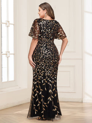 Trumpet/Mermaid V-Neck Short Sleeves Long Mother of the Bride Dresses with Sequin Leaves