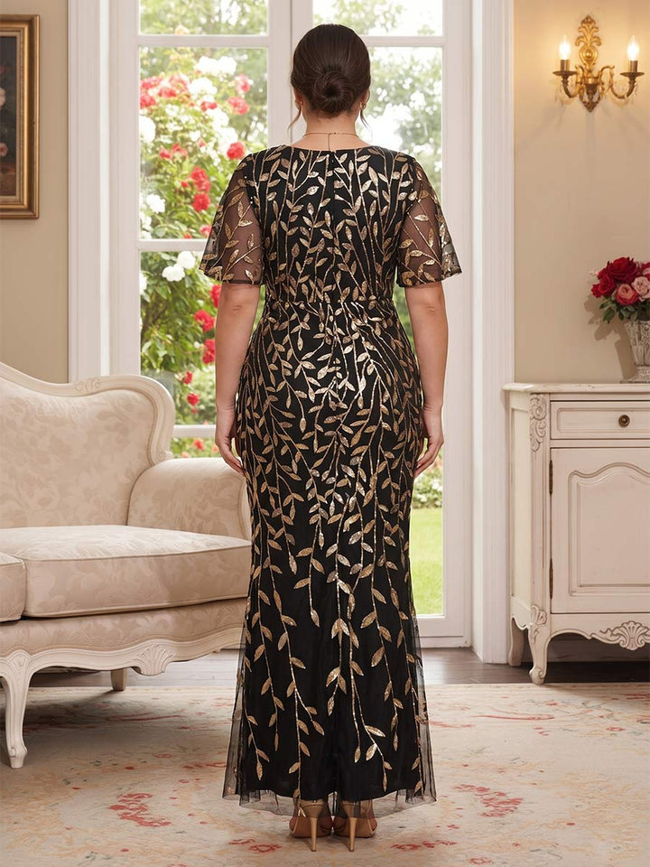 Trumpet/Mermaid V-Neck Short Sleeves Long Plus Size Mother of the Bride Dresses with Sequin Leaves