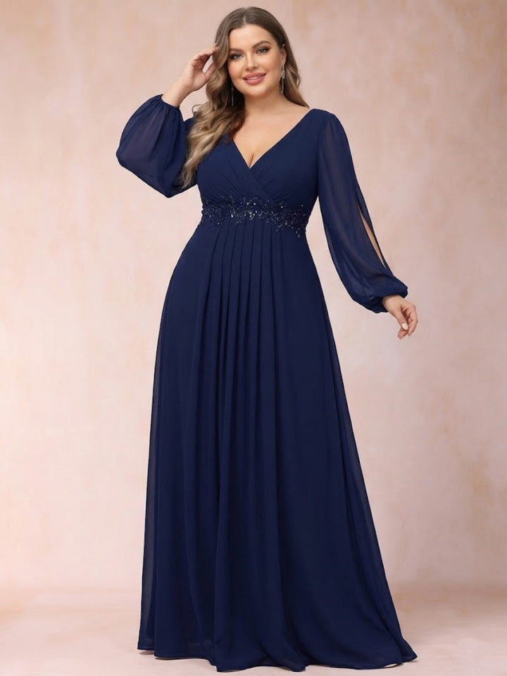 A-Line/Princess V-Neck Long Lantern Sleeves Plus Size Mother of the Bride Dresses with Applique