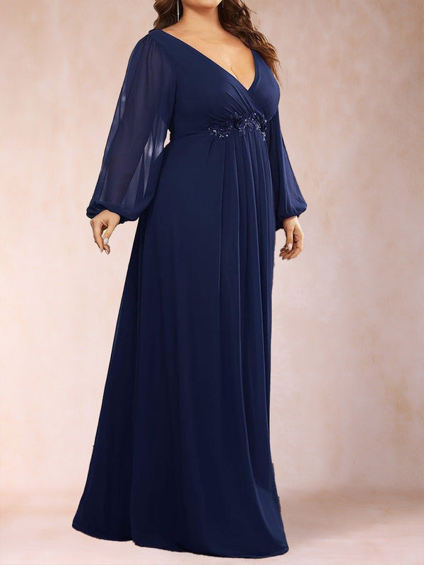 A-Line/Princess V-Neck Long Lantern Sleeves Plus Size Mother of the Bride Dresses with Applique