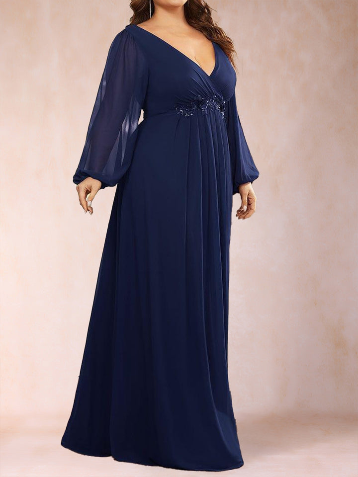 A-Line/Princess V-Neck Long Lantern Sleeves Plus Size Mother of the Bride Dresses with Applique