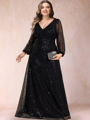 A-Line/Princess V-Neck Long Sleeves Sequins Plus Size Mother of the Bride Dresses
