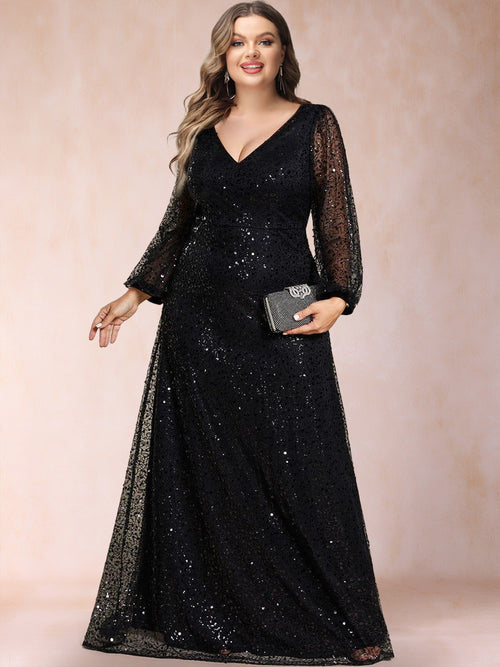 A-Line/Princess V-Neck Long Sleeves Sequins Plus Size Mother of the Bride Dresses